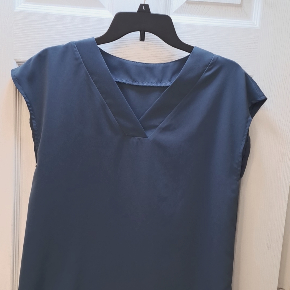 Muted blue v neck silky blouse
